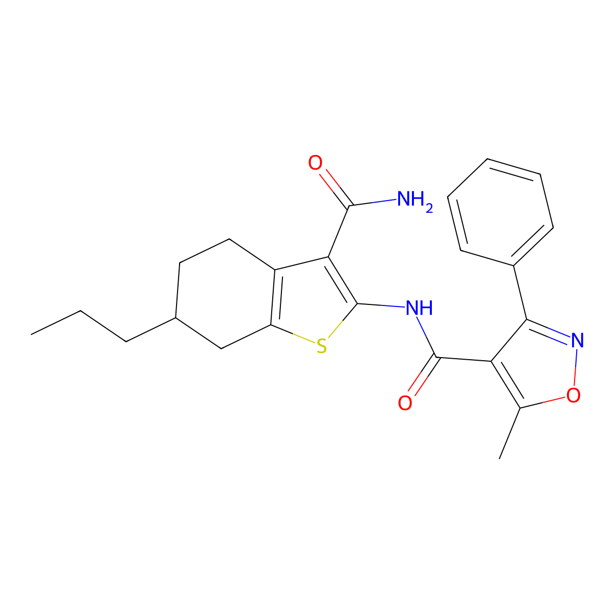 N-(3-carbamoyl-6-propyl-4,5,6,7-tetrahydro-1-benzothiophen-2-yl)-5-methyl-3-phenyl-1,2-oxazole-4-carboxamide molecular structure, CAS 352692-46-7
