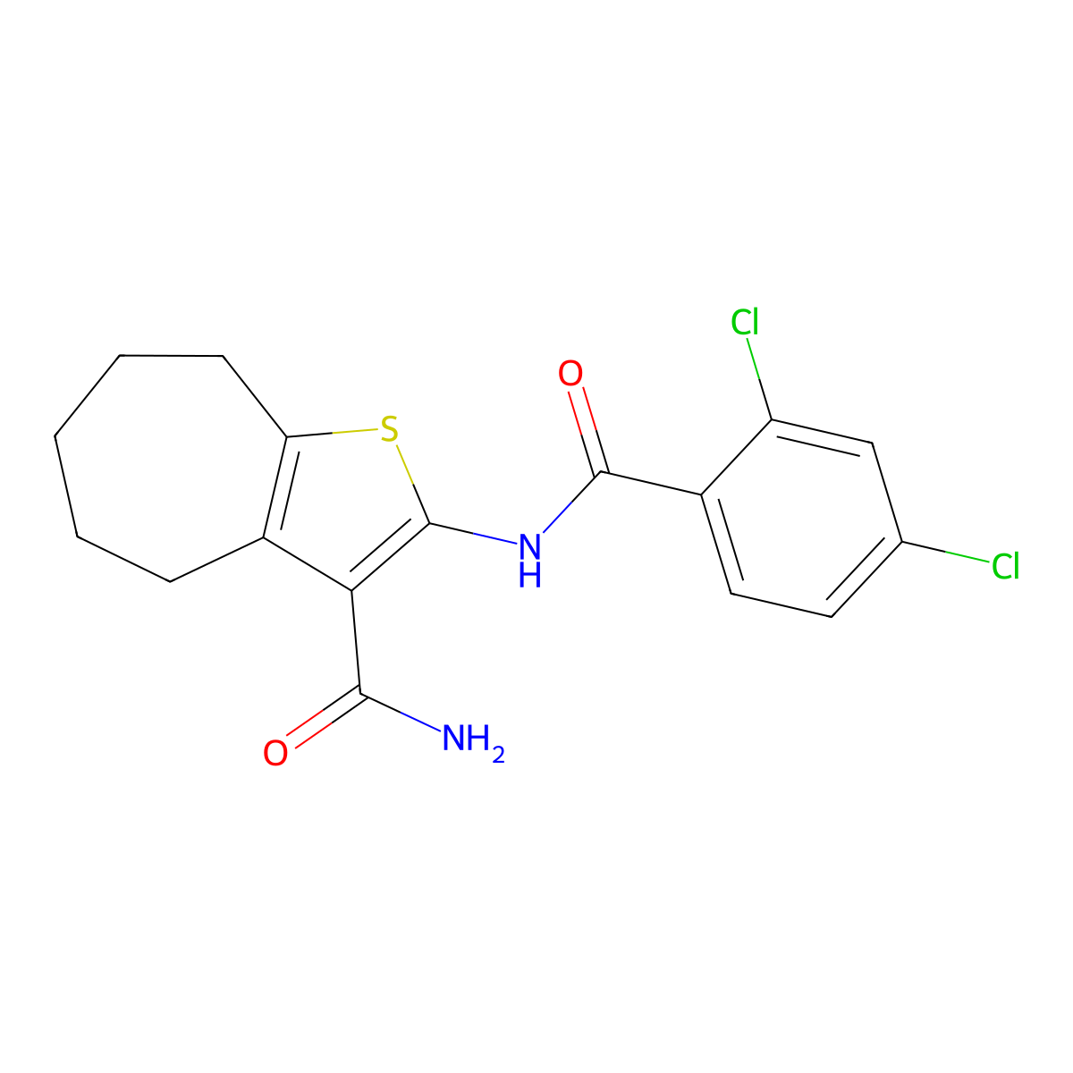 2-(2,4-dichlorobenzamido)-5,6,7,8-tetrahydro-4H-cyclohepta[b]thiophene-3-carboxamide molecular structure, CAS 352692-76-3