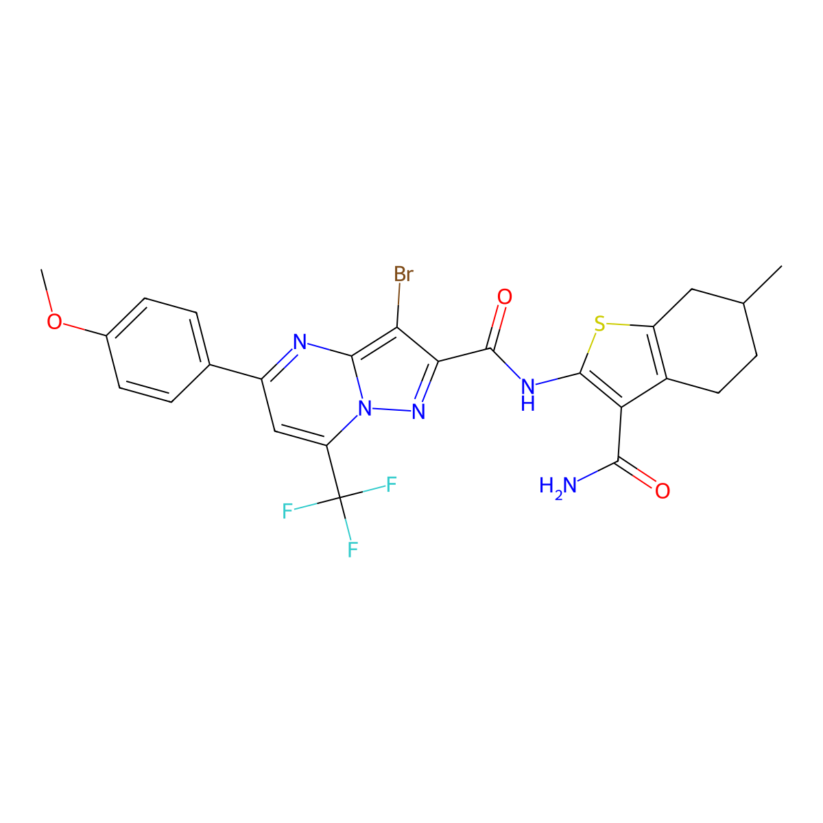 3-bromo-N-(3-carbamoyl-6-methyl-4,5,6,7-tetrahydro-1-benzothiophen-2-yl)-5-(4-methoxyphenyl)-7-(trifluoromethyl)pyrazolo[1,5-a]pyrimidine-2-carboxamide molecular structure, CAS 352692-77-4