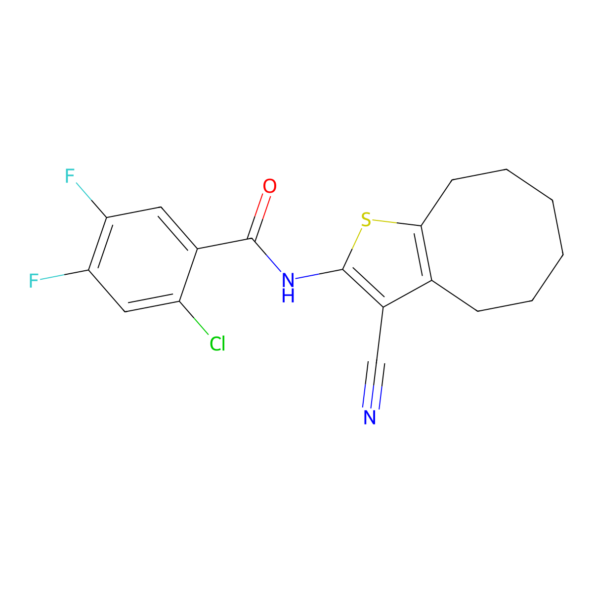 2-chloro-N-(3-cyano-4,5,6,7,8,9-hexahydrocycloocta[b]thiophen-2-yl)-4,5-difluorobenzamide molecular structure, CAS 352692-90-1