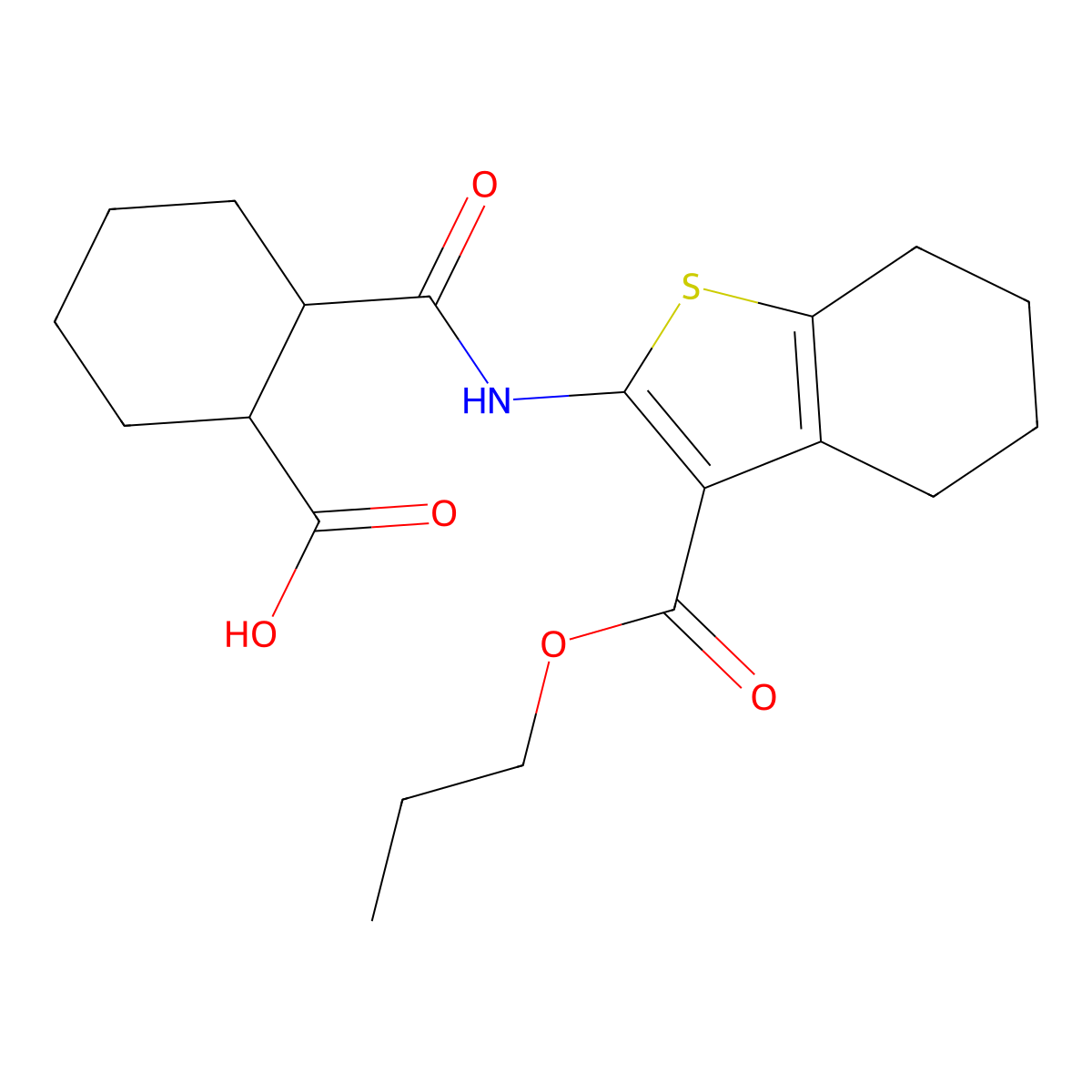 2-{[3-(Propoxycarbonyl)-4,5,6,7-tetrahydro-1-benzothiophen-2-yl]carbamoyl}cyclohexanecarboxylic acid molecular structure, CAS 352692-95-6