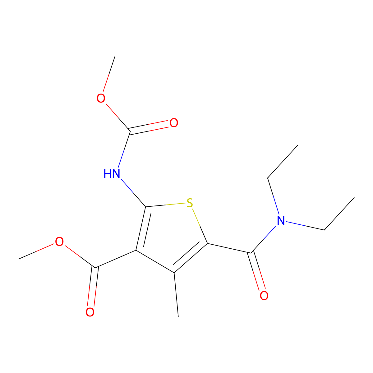 Methyl 5-[(diethylamino)carbonyl]-2-[(methoxycarbonyl)amino]-4-methyl-3-thiophenecarboxylate molecular structure, CAS 352693-10-8