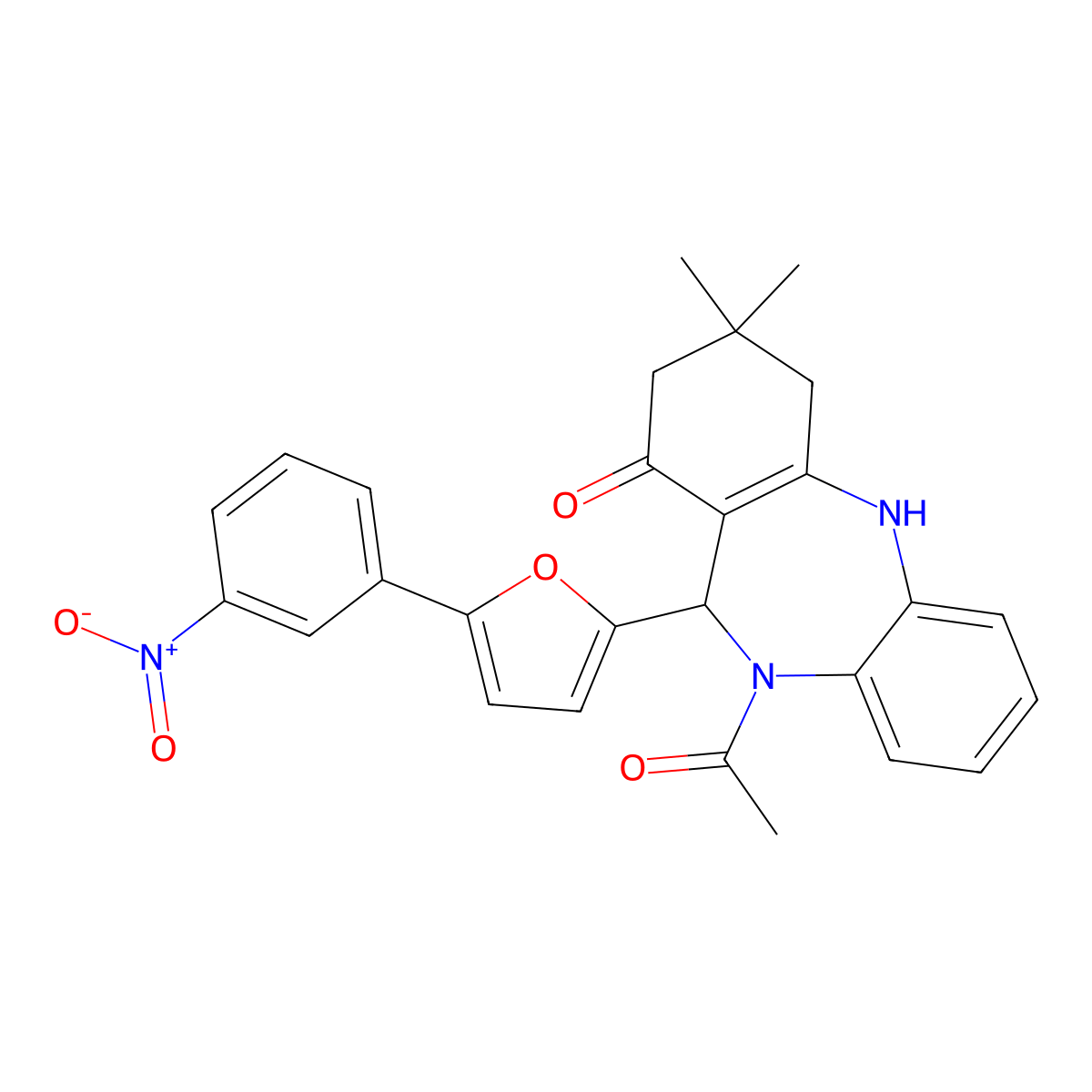 5-Acetyl-9,9-dimethyl-6-[5-(3-nitrophenyl)furan-2-yl]-6,8,10,11-tetrahydrobenzo[b][1,4]benzodiazepin-7-one molecular structure, CAS 352693-45-9
