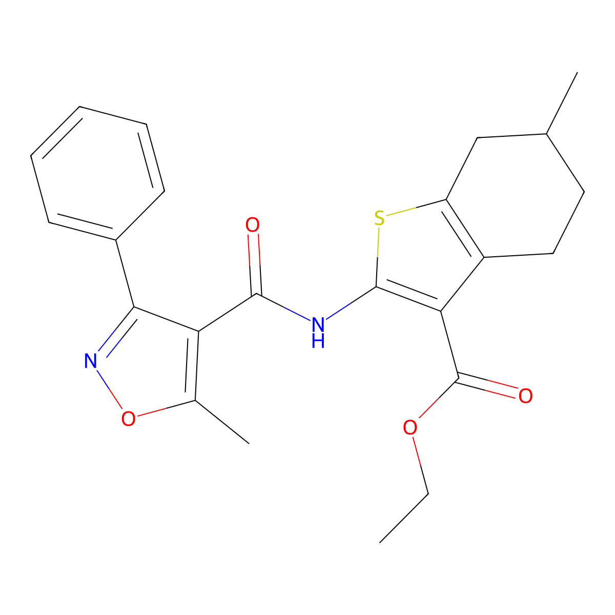 Ethyl 6-methyl-2-{[(5-methyl-3-phenyl-4-isoxazolyl)carbonyl]amino}-4,5,6,7-tetrahydro-1-benzothiophene-3-carboxylate molecular structure, CAS 352693-71-1