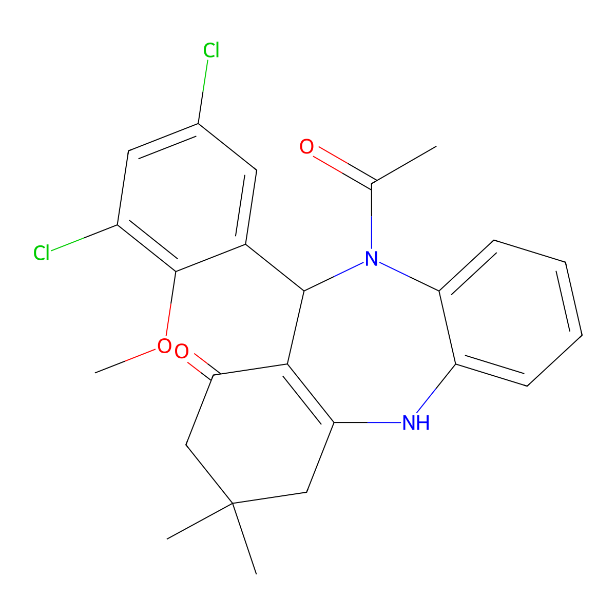 10-acetyl-11-(3,5-dichloro-2-methoxyphenyl)-3,3-dimethyl-2,3,4,5,10,11-hexahydro-1H-dibenzo[b,e][1,4]diazepin-1-one molecular structure, CAS 352693-85-7