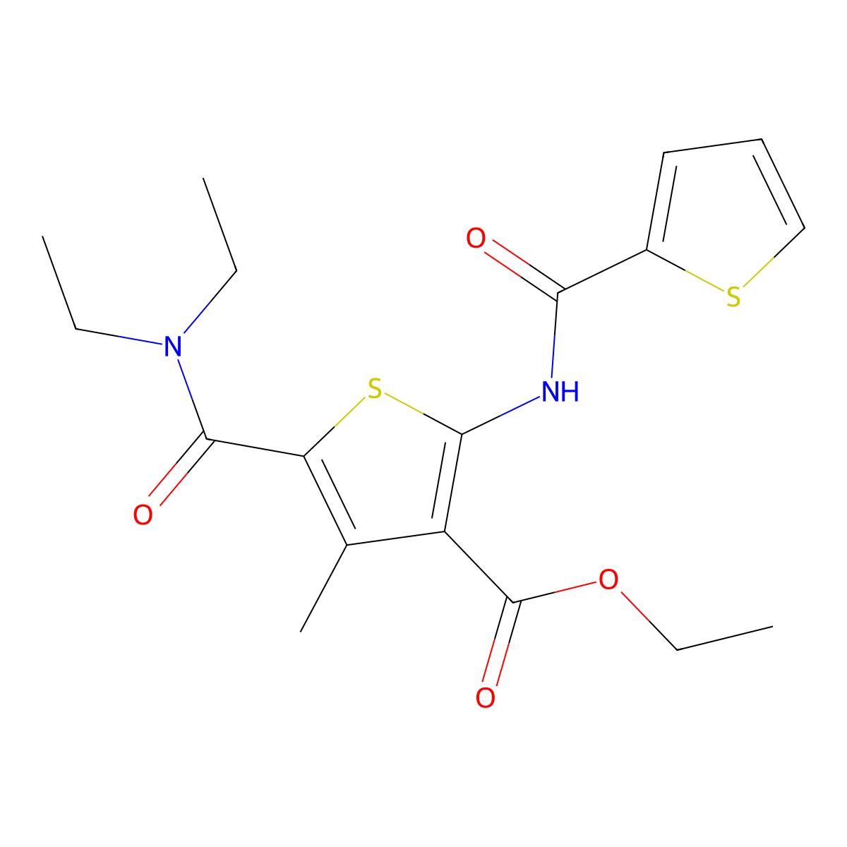 Ethyl 5-(diethylcarbamoyl)-4-methyl-2-(thiophene-2-carbonylamino)thiophene-3-carboxylate molecular structure, CAS 352693-95-9