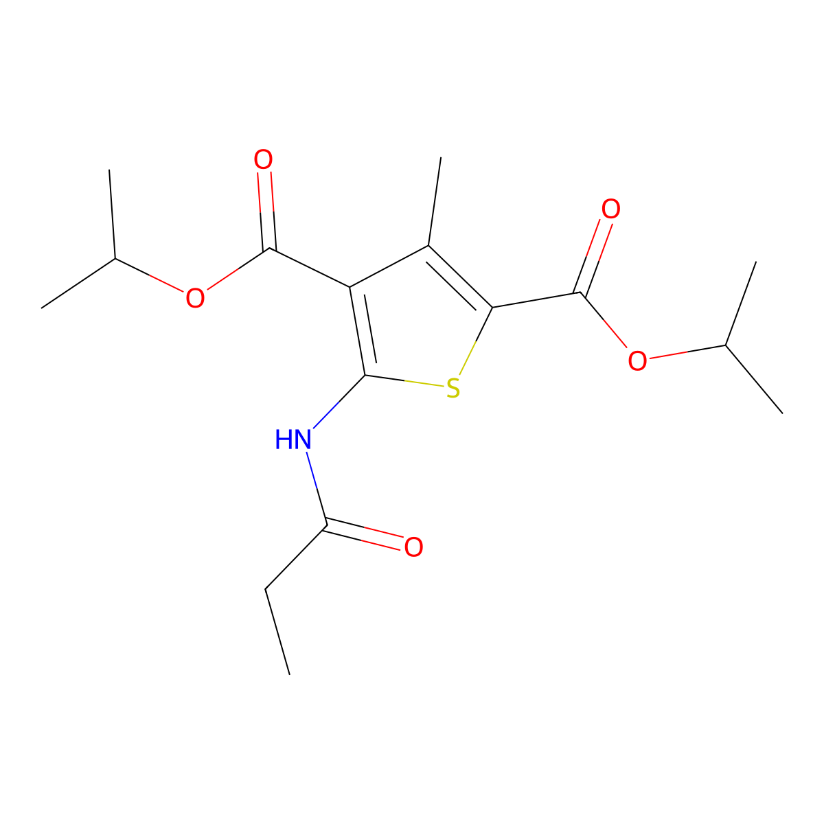 Diisopropyl 3-methyl-5-(propionylamino)-2,4-thiophenedicarboxylate molecular structure, CAS 352694-54-3