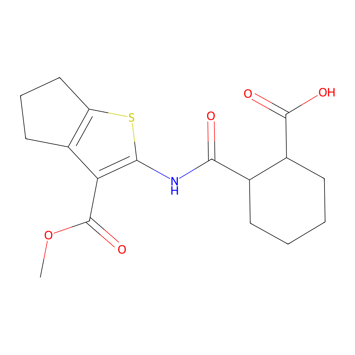 2-((3-(methoxycarbonyl)-5,6-dihydro-4H-cyclopenta[b]thiophen-2-yl)carbamoyl)cyclohexanecarboxylic acid molecular structure, CAS 352700-13-1