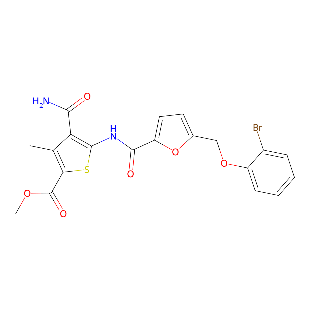 Methyl 5-[({5-[(2-bromophenoxy)methyl]furan-2-yl}carbonyl)amino]-4-carbamoyl-3-methylthiophene-2-carboxylate molecular structure, CAS 352700-57-3