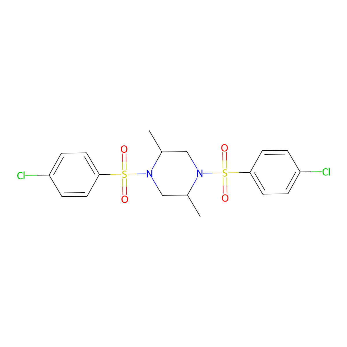 1,4-Bis[(4-chlorophenyl)sulfonyl]-2,5-dimethylpiperazine molecular structure, CAS 352700-70-0