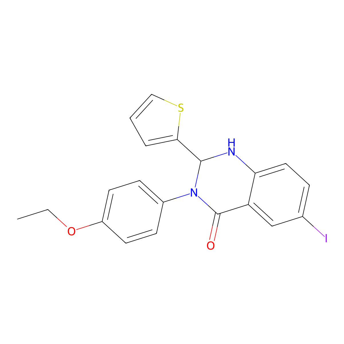 3-(4-ethoxyphenyl)-6-iodo-2-(2-thienyl)-2,3-dihydro-4(1H)-quinazolinone molecular structure, CAS 352701-49-6