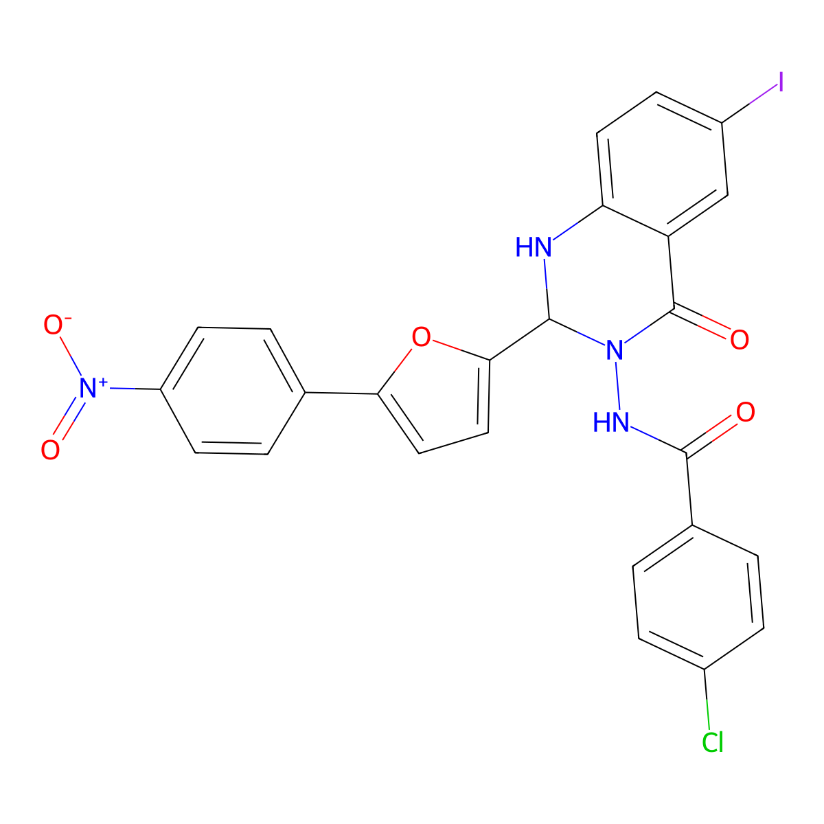 4-chloro-N-(2-(5-{4-nitrophenyl}-2-furyl)-6-iodo-4-oxo-1,4-dihydro-3(2H)-quinazolinyl)benzamide molecular structure, CAS 352701-58-7