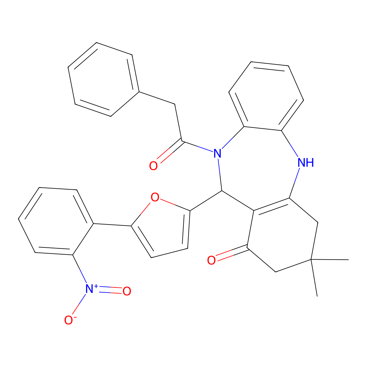 11-(5-{2-nitrophenyl}-2-furyl)-3,3-dimethyl-10-(phenylacetyl)-2,3,4,5,10,11-hexahydro-1H-dibenzo[b,e][1,4]diazepin-1-one molecular structure, CAS 352701-79-2