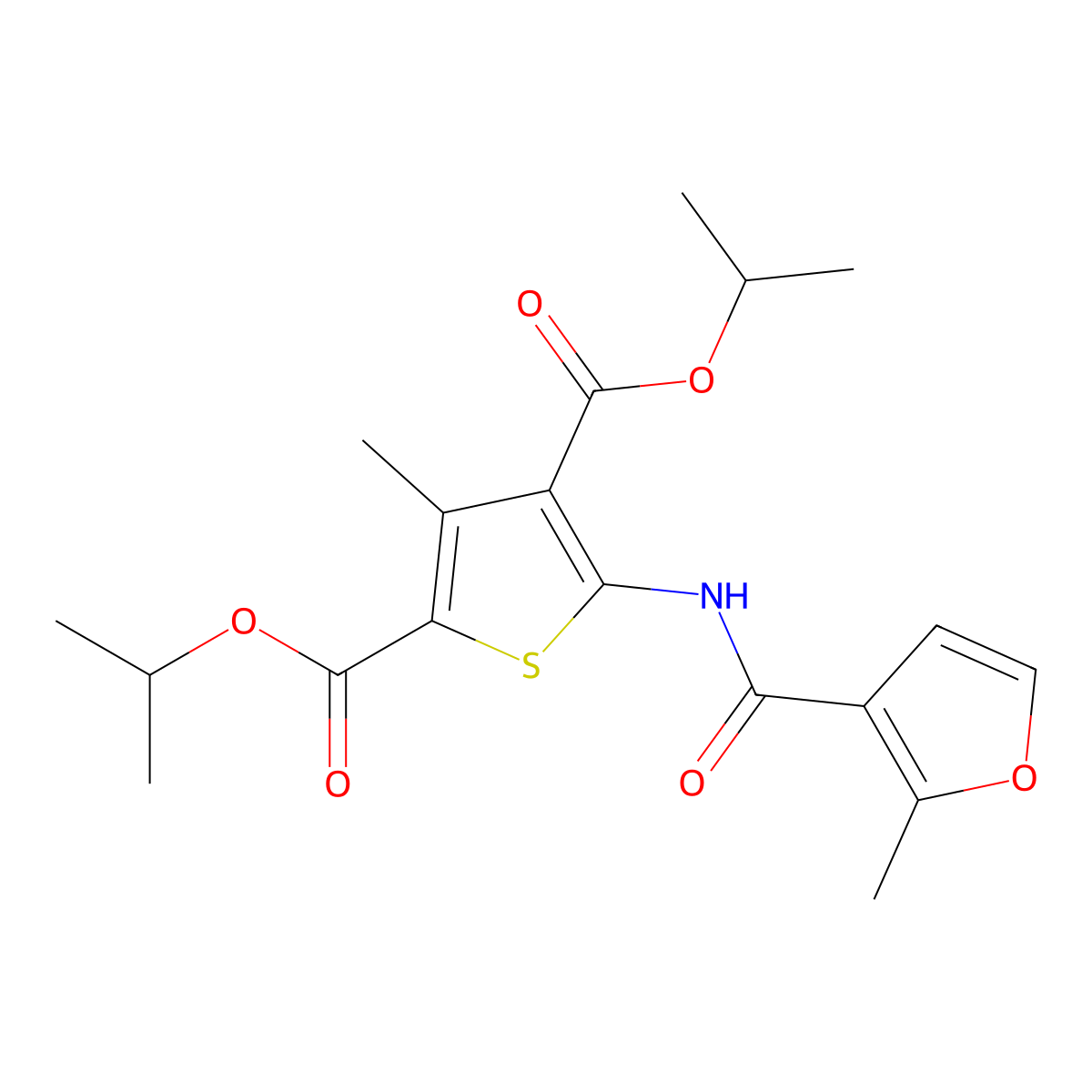 Diisopropyl 3-methyl-5-[(2-methyl-3-furoyl)amino]-2,4-thiophenedicarboxylate molecular structure, CAS 352702-03-5