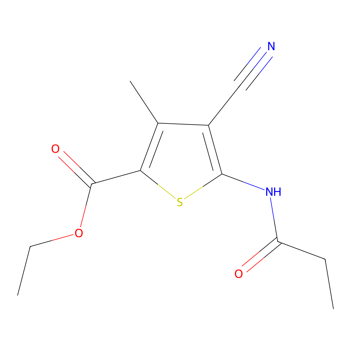 Ethyl 4-cyano-3-methyl-5-(propanoylamino)thiophene-2-carboxylate molecular structure, CAS 352703-46-9