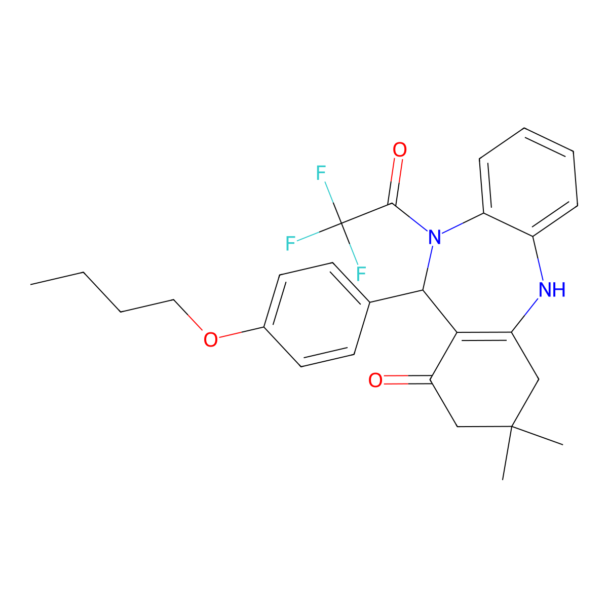 6-(4-Butoxyphenyl)-9,9-dimethyl-5-(2,2,2-trifluoroacetyl)-6,8,10,11-tetrahydrobenzo[b][1,4]benzodiazepin-7-one molecular structure, CAS 352703-60-7