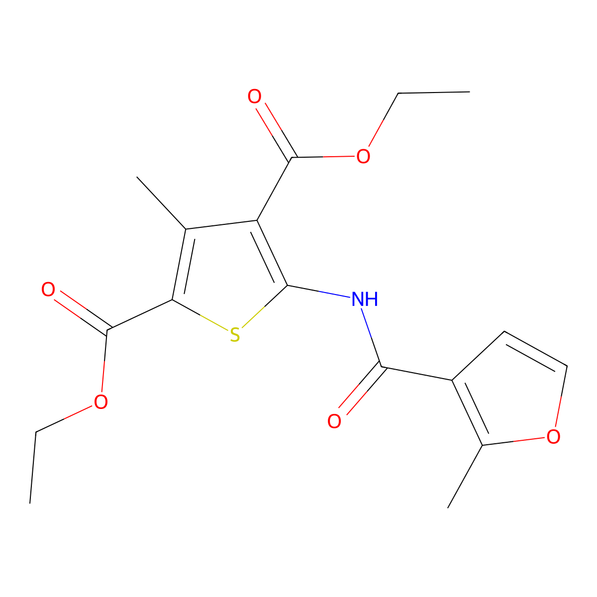 Diethyl 3-methyl-5-[(2-methyl-3-furoyl)amino]-2,4-thiophenedicarboxylate molecular structure, CAS 352704-22-4