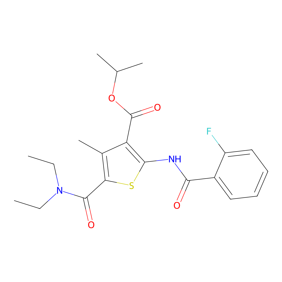 Isopropyl 5-[(diethylamino)carbonyl]-2-[(2-fluorobenzoyl)amino]-4-methyl-3-thiophenecarboxylate molecular structure, CAS 352704-37-1