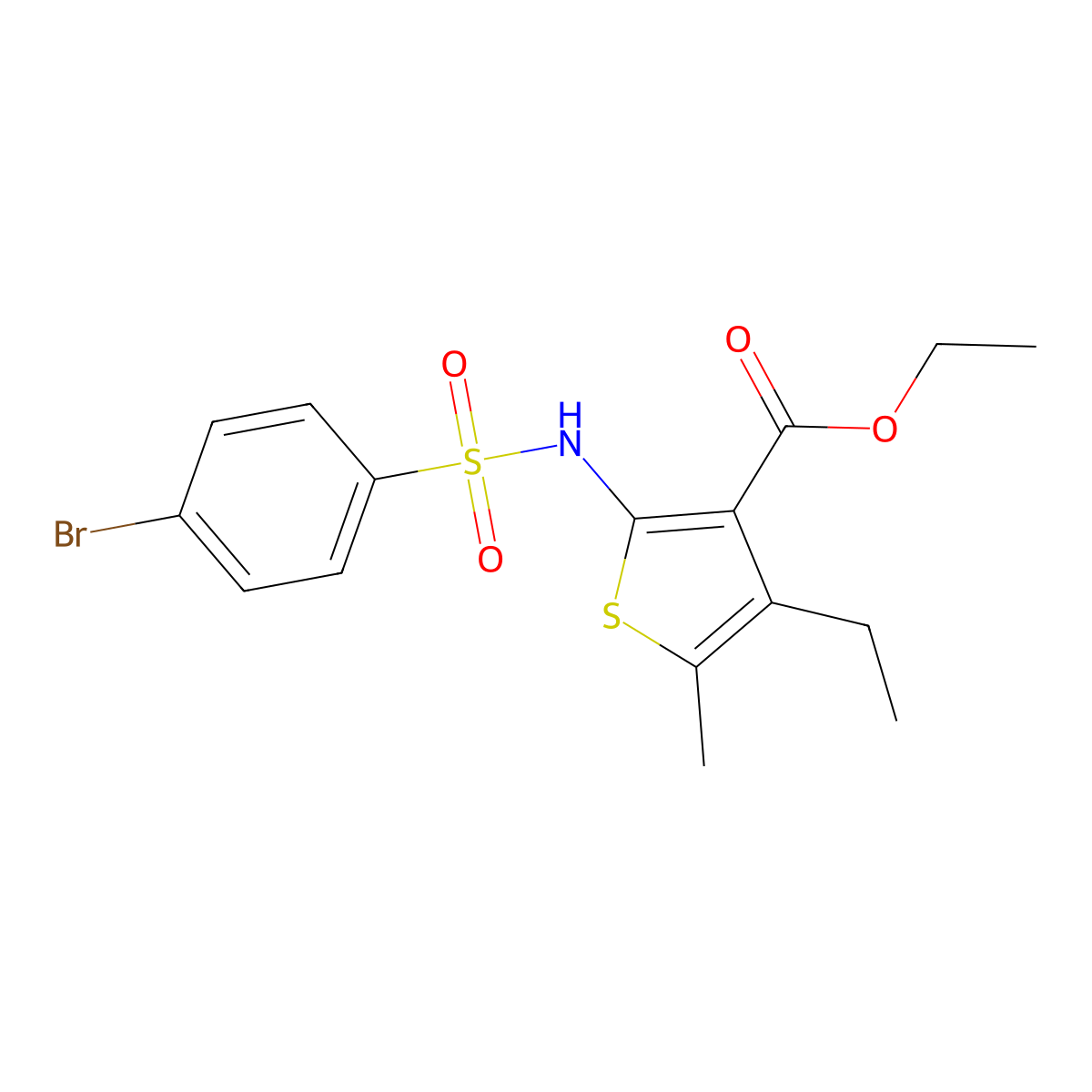 Ethyl 2-[(4-bromophenyl)sulfonylamino]-4-ethyl-5-methylthiophene-3-carboxylate molecular structure, CAS 352704-40-6