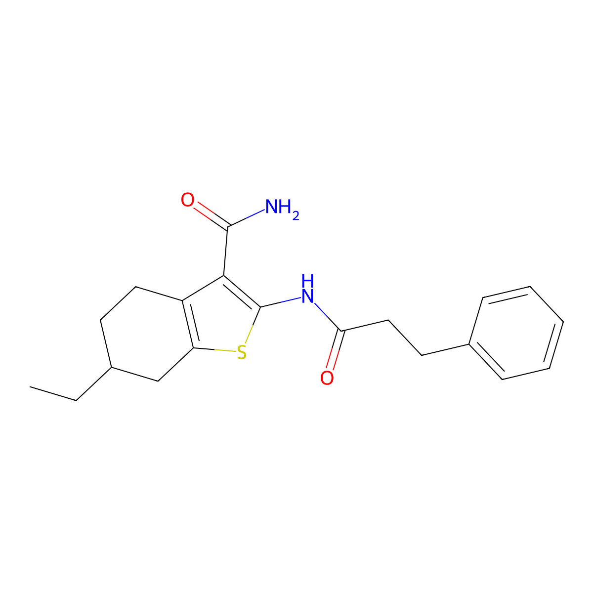 6-Ethyl-2-[(3-phenylpropanoyl)amino]-4,5,6,7-tetrahydro-1-benzothiophene-3-carboxamide molecular structure, CAS 352705-08-9