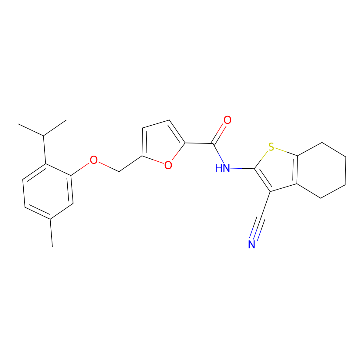 N-(3-cyano-4,5,6,7-tetrahydro-1-benzothiophen-2-yl)-5-[(5-methyl-2-propan-2-ylphenoxy)methyl]furan-2-carboxamide molecular structure, CAS 352705-17-0
