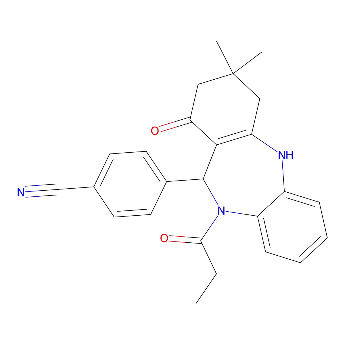 4-(9,9-Dimethyl-7-oxo-5-propanoyl-6,8,10,11-tetrahydrobenzo[b][1,4]benzodiazepin-6-yl)benzonitrile molecular structure, CAS 352705-68-1
