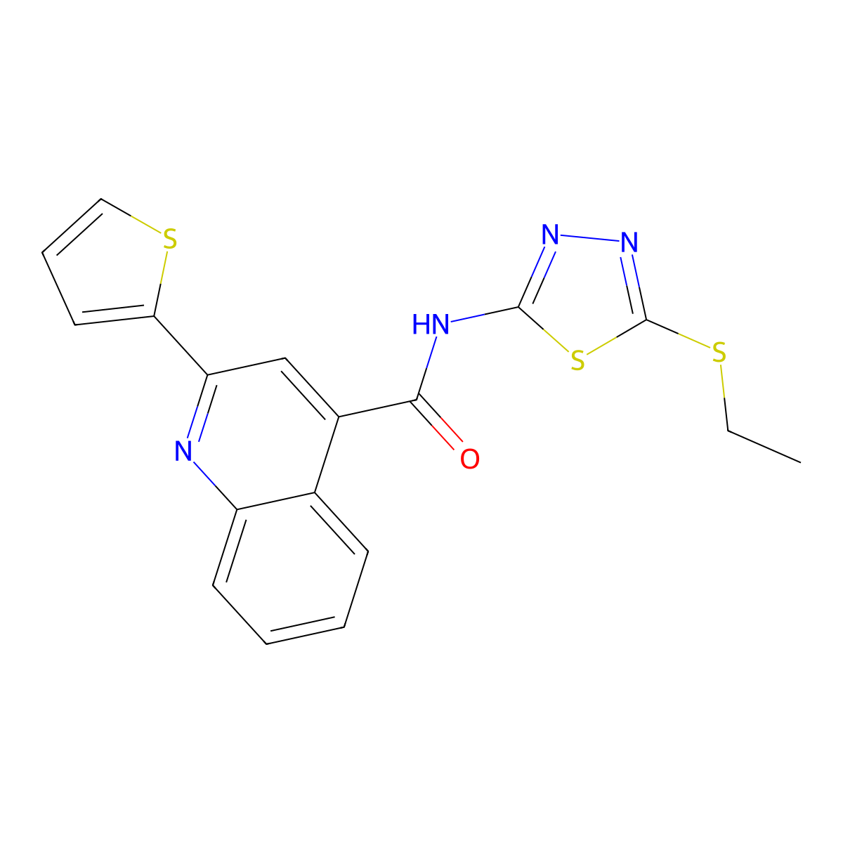 N-(5-ethylsulfanyl-1,3,4-thiadiazol-2-yl)-2-thiophen-2-ylquinoline-4-carboxamide molecular structure, CAS 352705-85-2