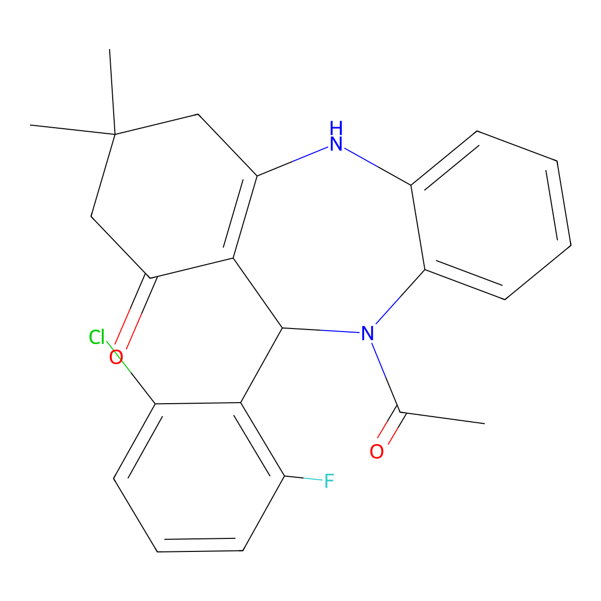 5-Acetyl-6-(2-chloro-6-fluorophenyl)-9,9-dimethyl-6,8,10,11-tetrahydrobenzo[b][1,4]benzodiazepin-7-one molecular structure, CAS 352706-09-3