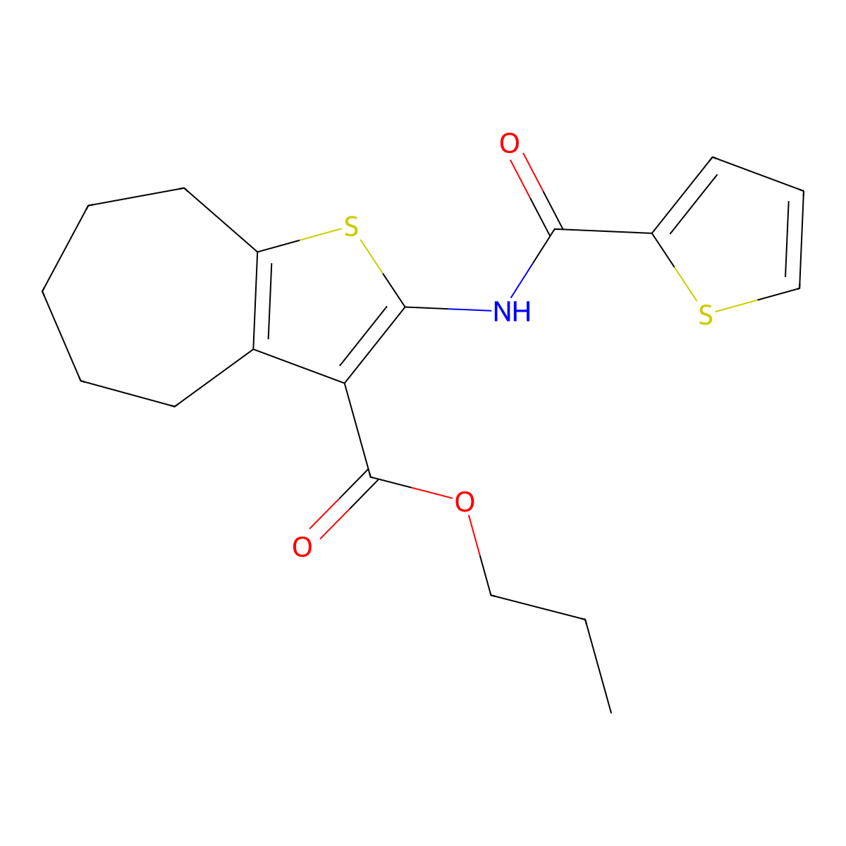 propyl 2-(thiophene-2-carbonylamino)-5,6,7,8-tetrahydro-4H-cyclohepta[b]thiophene-3-carboxylate molecular structure, CAS 352706-15-1