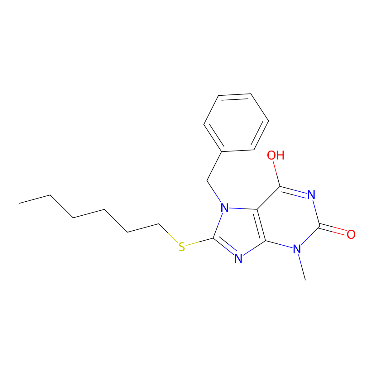7-Benzyl-8-hexylsulfanyl-3-methylpurine-2,6-dione molecular structure, CAS 353253-05-1