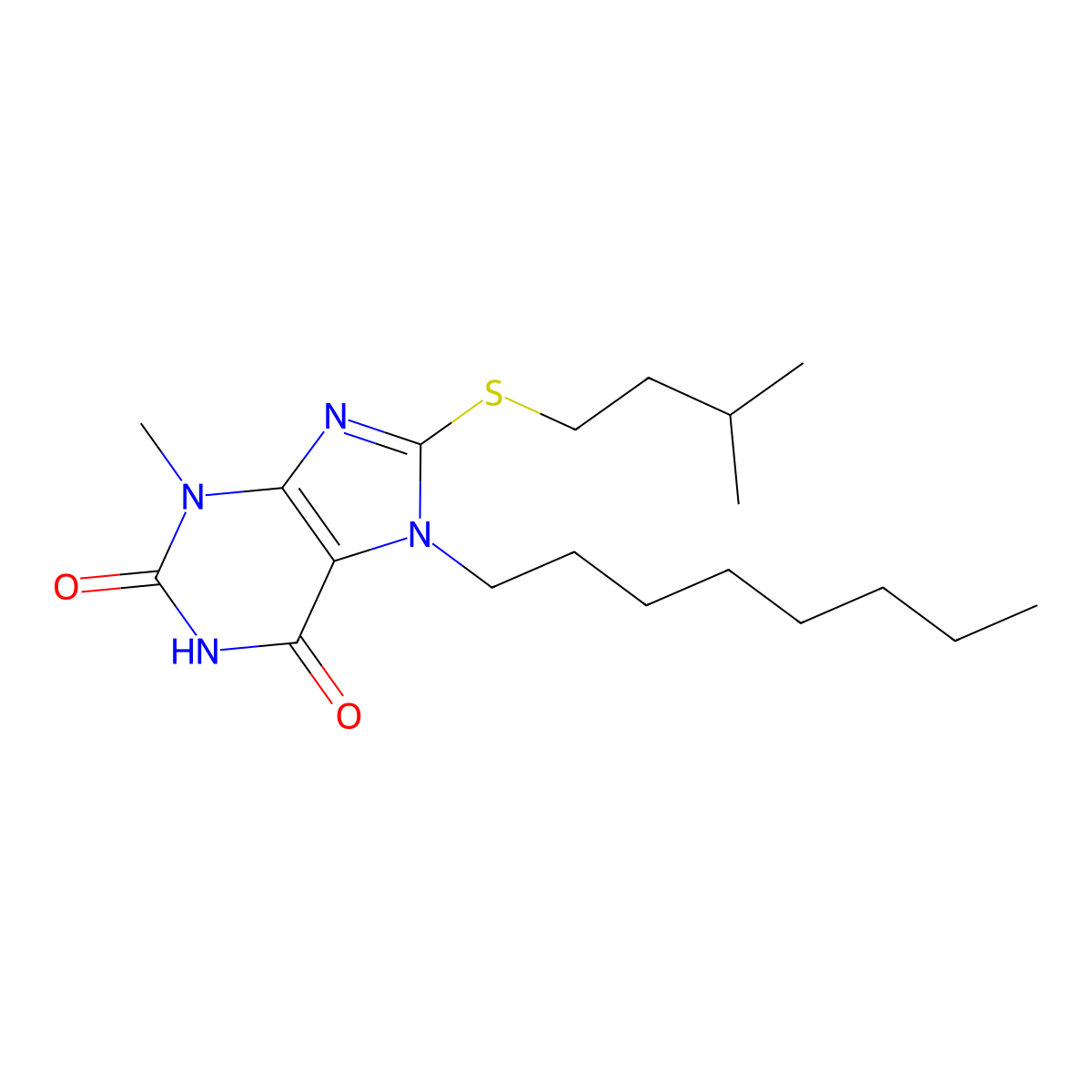 8-(isopentylsulfanyl)-3-methyl-7-octyl-3,7-dihydro-1H-purine-2,6-dione molecular structure, CAS 353253-16-4