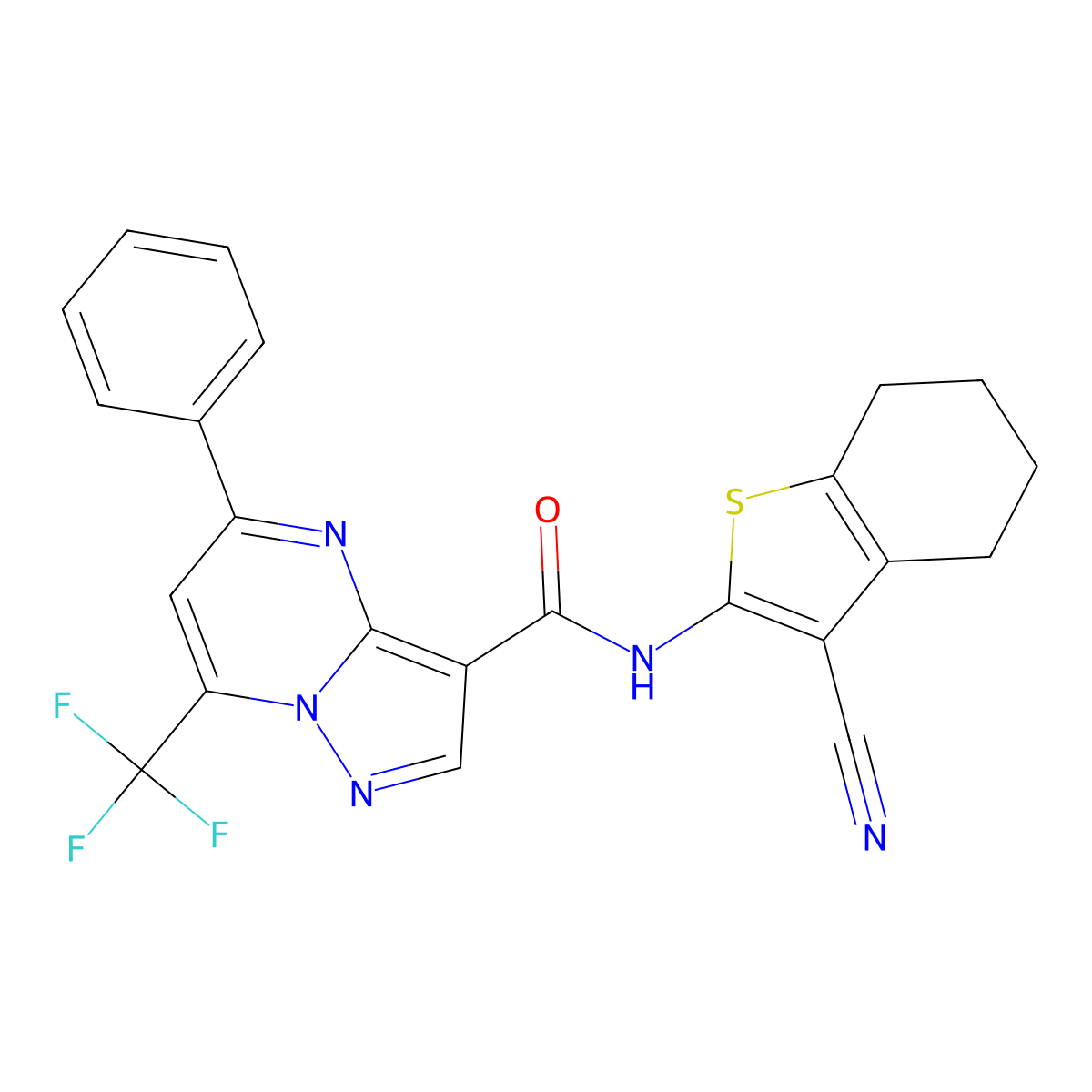 N-(3-cyano-4,5,6,7-tetrahydro-1-benzothiophen-2-yl)-5-phenyl-7-(trifluoromethyl)pyrazolo[1,5-a]pyrimidine-3-carboxamide molecular structure, CAS 353254-01-0