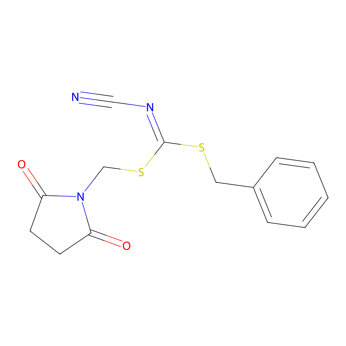 [Benzylsulfanyl-[(2,5-dioxopyrrolidin-1-yl)methylsulfanyl]methylidene]cyanamide molecular structure, CAS 353254-68-9