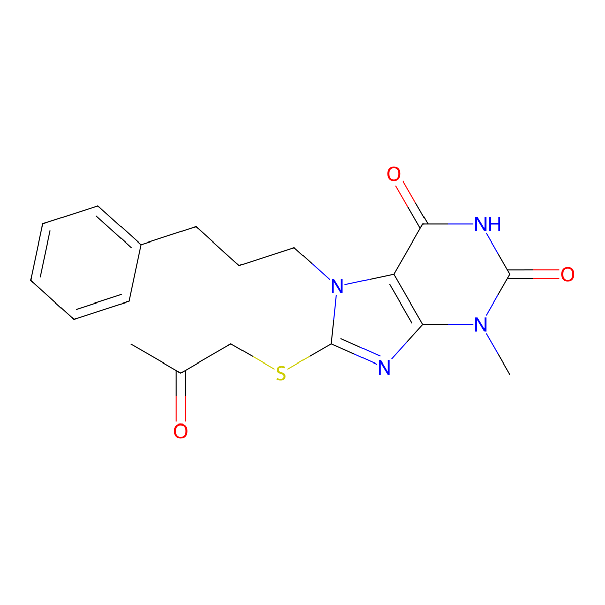 3-methyl-8-((2-oxopropyl)thio)-7-(3-phenylpropyl)-1H-purine-2,6(3H,7H)-dione molecular structure, CAS 353255-05-7