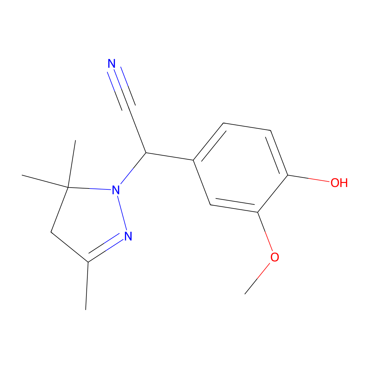 2-(4-hydroxy-3-methoxyphenyl)-2-(3,5,5-trimethyl-4H-pyrazol-1-yl)acetonitrile molecular structure, CAS 353268-18-5