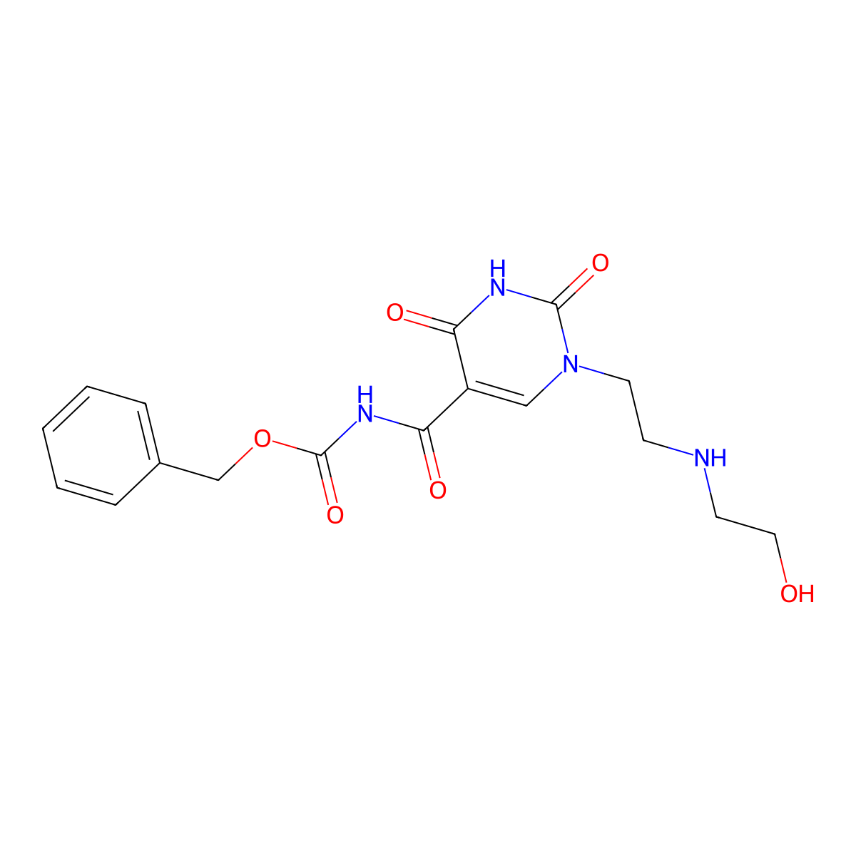 Benzyl (1-(2-((2-hydroxyethyl)amino)ethyl)-2,4-dioxo-1,2,3,4-tetrahydro-5-pyrimidinyl)carbonylcarbamate molecular structure, CAS 353278-53-2