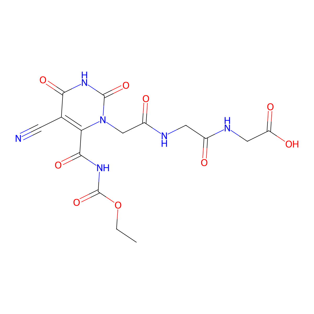 2-[[2-[[2-[5-Cyano-6-(ethoxycarbonylcarbamoyl)-2,4-dioxopyrimidin-1-yl]acetyl]amino]acetyl]amino]acetic acid molecular structure, CAS 353286-06-3