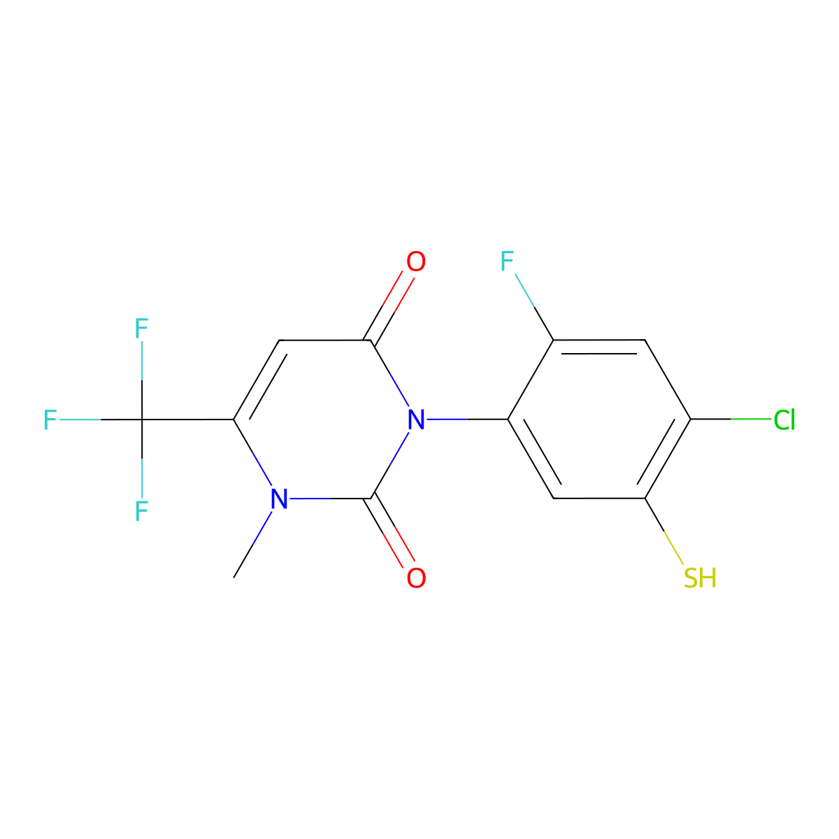 3-(4-Chloro-2-fluoro-5-sulfanylphenyl)-1-methyl-6-(trifluoromethyl)-1,2,3,4-tetrahydropyrimidine-2,4-dione molecular structure, CAS 353292-92-9