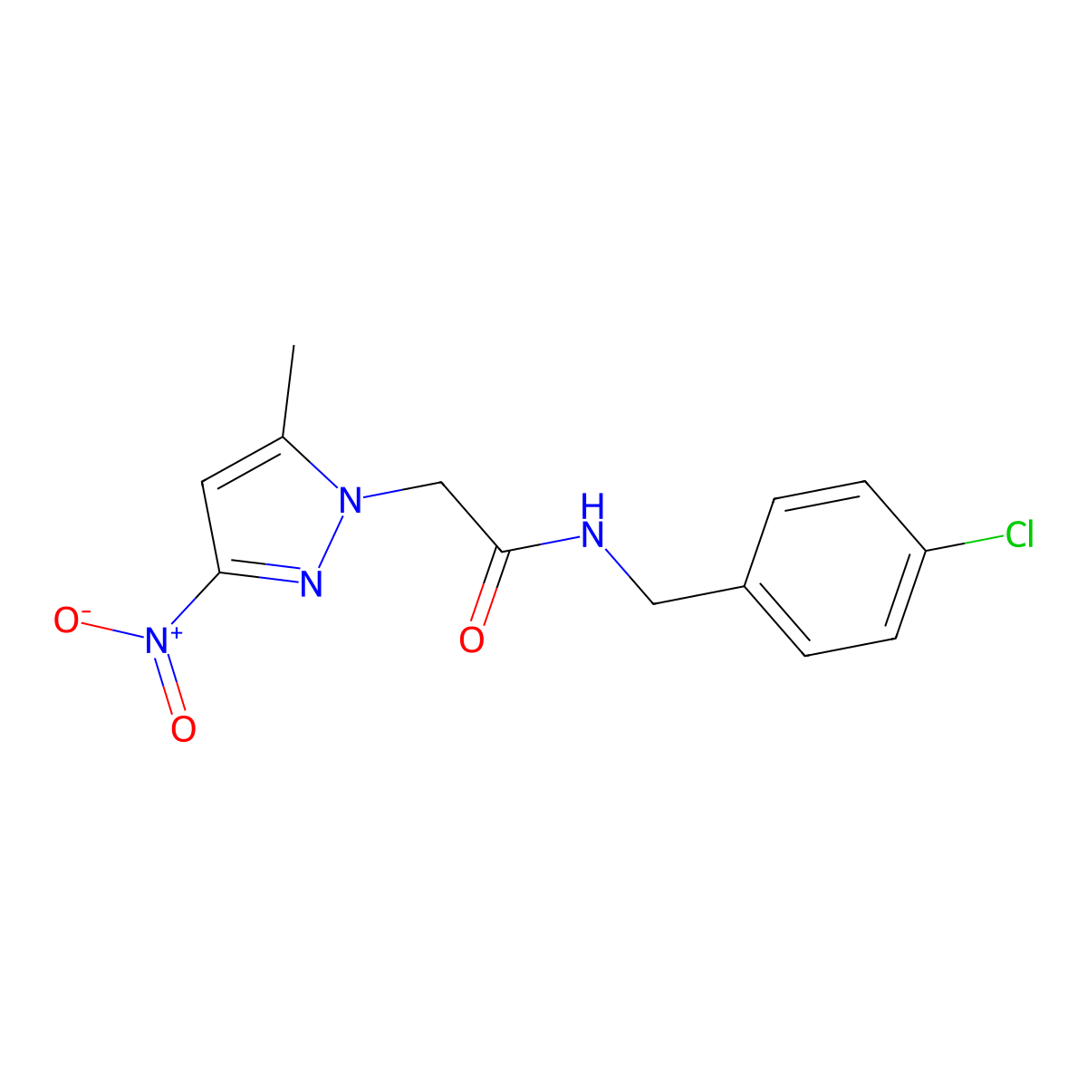 N-[(4-chlorophenyl)methyl]-2-(5-methyl-3-nitropyrazol-1-yl)acetamide molecular structure, CAS 353455-21-7