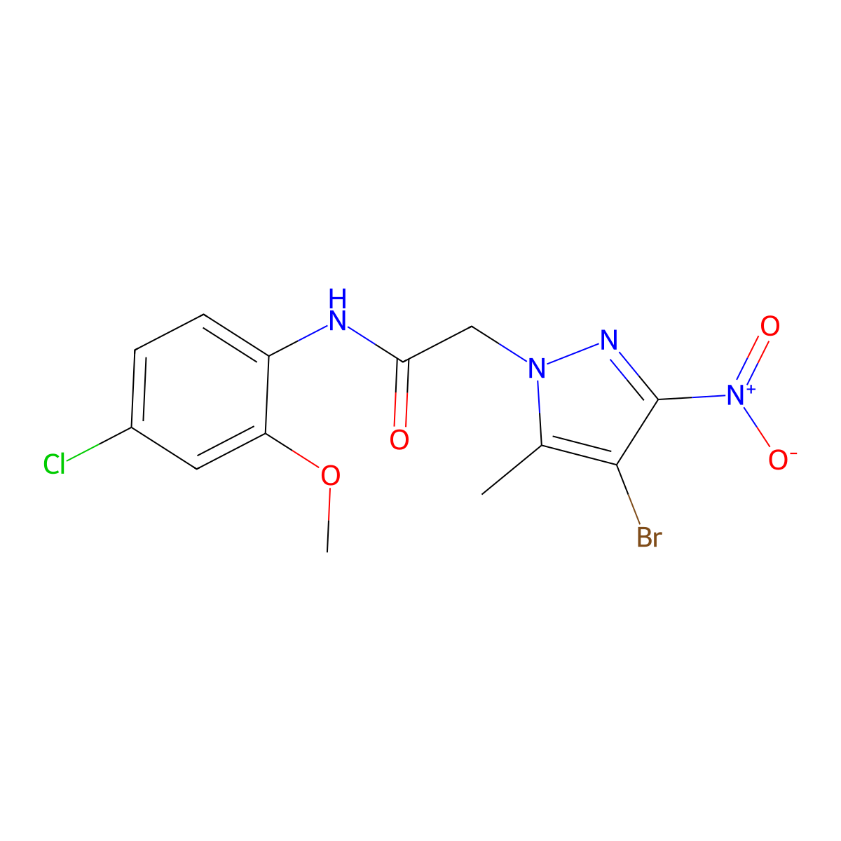 2-(4-bromo-5-methyl-3-nitro-1H-pyrazol-1-yl)-N-(4-chloro-2-methoxyphenyl)acetamide molecular structure, CAS 353455-46-6