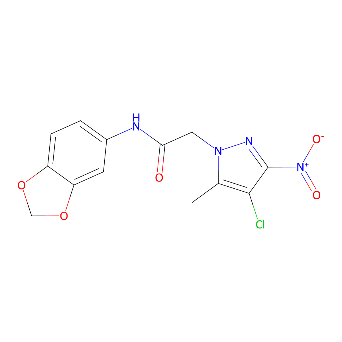 N-(1,3-benzodioxol-5-yl)-2-(4-chloro-5-methyl-3-nitropyrazol-1-yl)acetamide molecular structure, CAS 353455-73-9