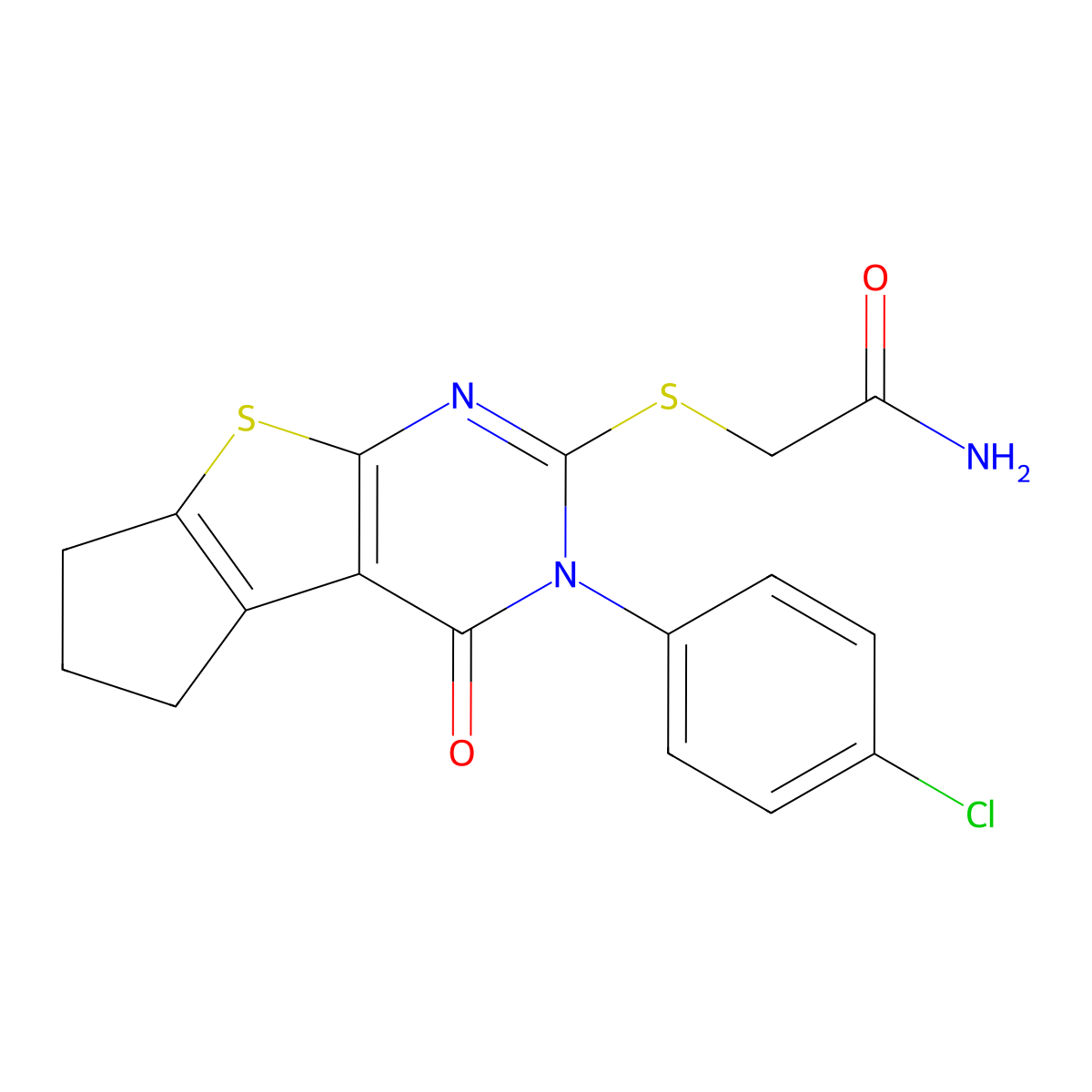 2-{[3-(4-chlorophenyl)-4-oxo-3,5,6,7-tetrahydro-4H-cyclopenta[4,5]thieno[2,3-d]pyrimidin-2-yl]sulfanyl}acetamide molecular structure, CAS 353460-97-6
