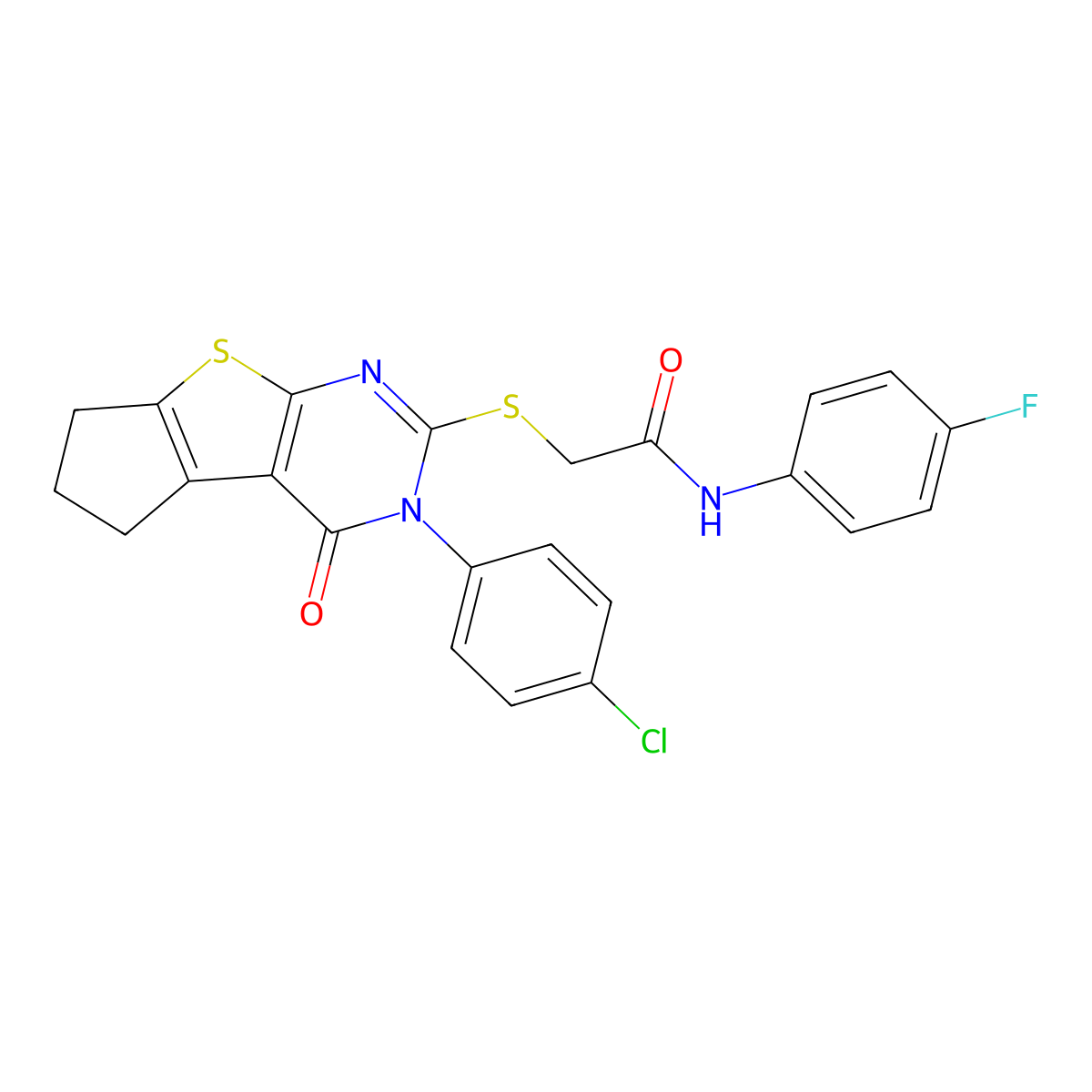 2-{[3-(4-chlorophenyl)-4-oxo-3,5,6,7-tetrahydro-4H-cyclopenta[4,5]thieno[2,3-d]pyrimidin-2-yl]sulfanyl}-N-(4-fluorophenyl)acetamide molecular structure, CAS 353460-99-8