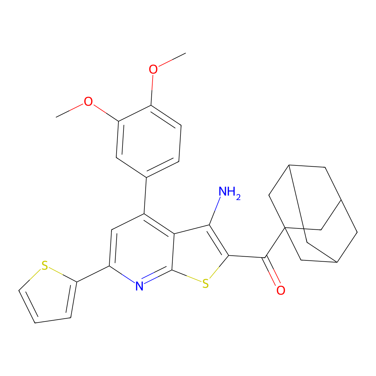 1-Adamantyl-[3-amino-4-(3,4-dimethoxyphenyl)-6-thiophen-2-ylthieno[2,3-b]pyridin-2-yl]methanone molecular structure, CAS 353461-40-2