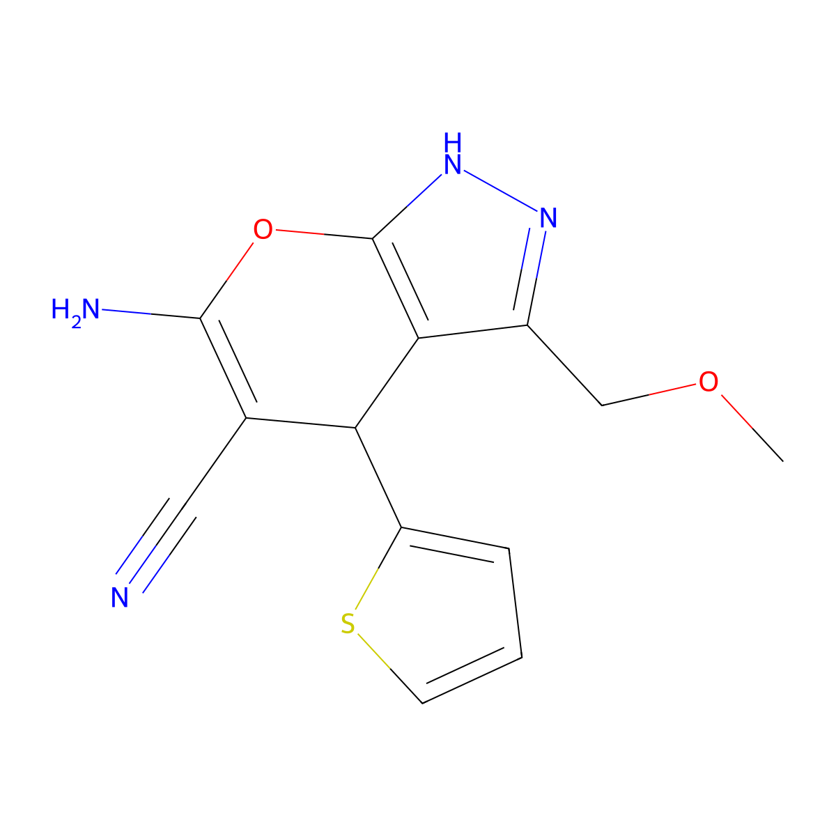 6-Amino-3-(methoxymethyl)-4-(2-thienyl)-1,4-dihydropyrano[2,3-c]pyrazole-5-carbonitrile molecular structure, CAS 353461-49-1