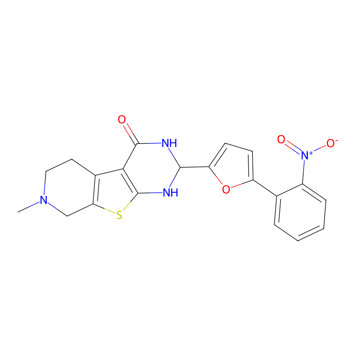 7-methyl-2-[5-(2-nitrophenyl)furan-2-yl]-2,3,5,6,7,8-hexahydropyrido[4',3':4,5]thieno[2,3-d]pyrimidin-4(1H)-one molecular structure, CAS 353462-38-1