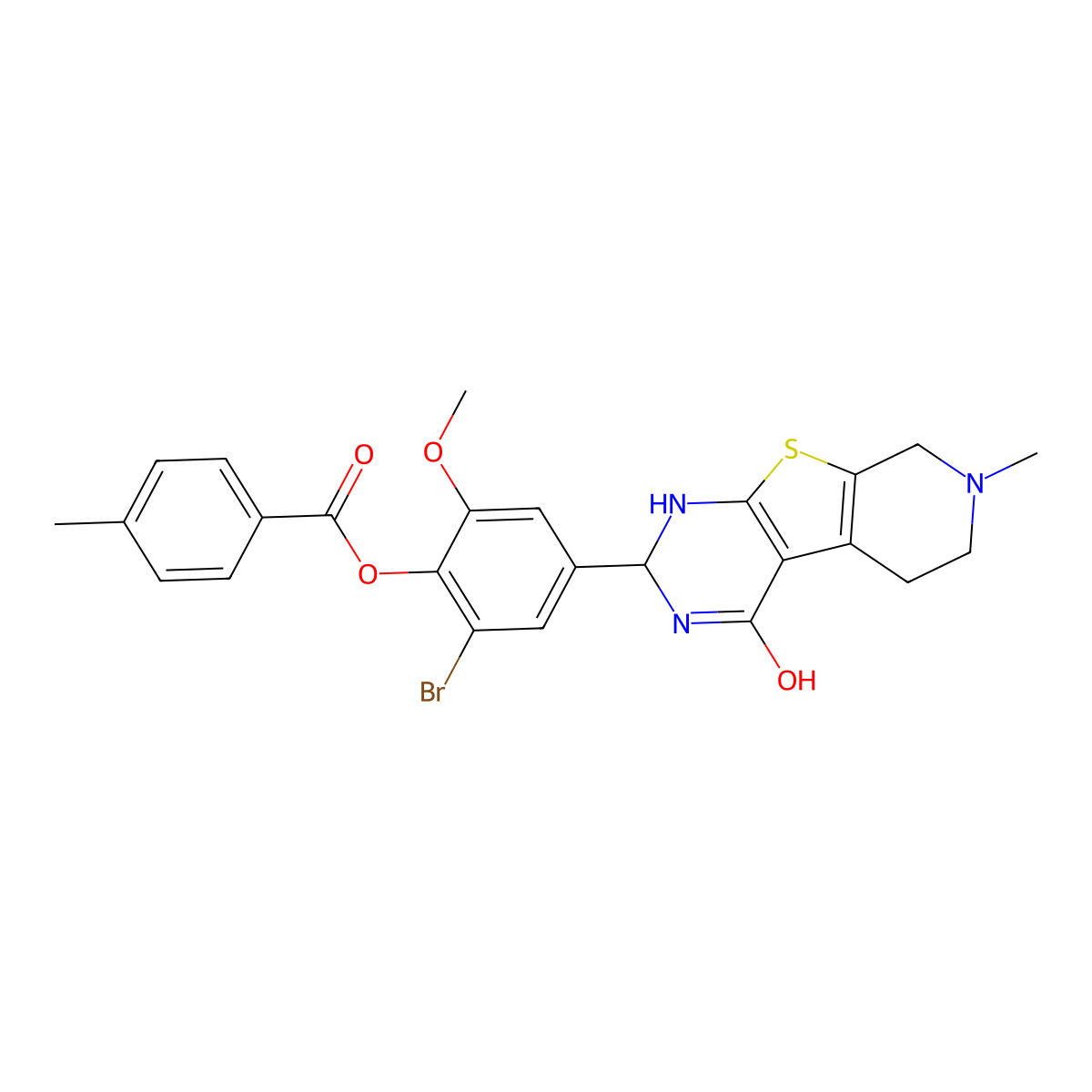 2-Bromo-6-methoxy-4-(7-methyl-4-oxo-1,2,3,4,5,6,7,8-octahydropyrido[4',3':4,5]thieno[2,3-d]pyrimidin-2-yl)phenyl 4-methylbenzoate molecular structure, CAS 353462-39-2