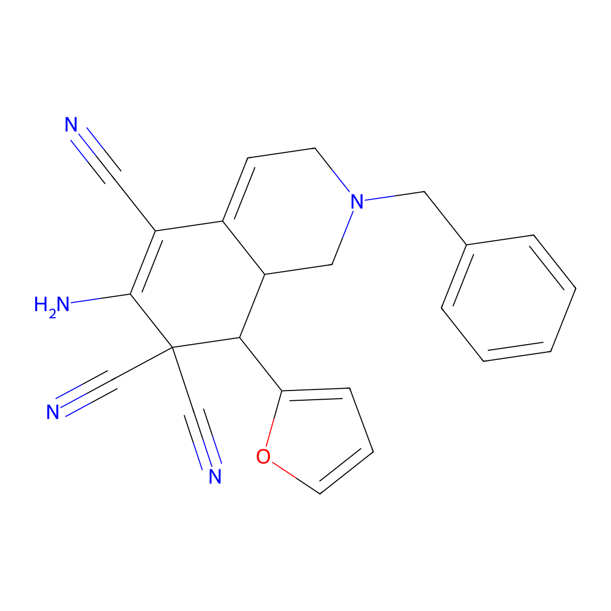 6-Amino-2-benzyl-8-(furan-2-yl)-1,3,8,8a-tetrahydroisoquinoline-5,7,7-tricarbonitrile molecular structure, CAS 353462-61-0