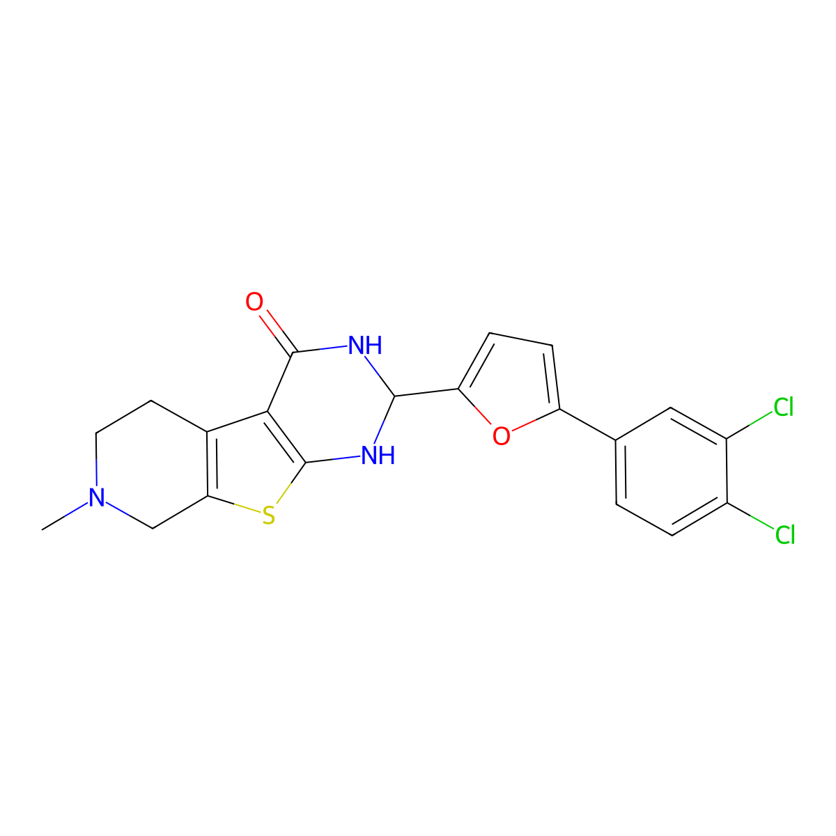 2-[5-(3,4-dichlorophenyl)-2-furyl]-7-methyl-2,3,5,6,7,8-hexahydropyrido[4',3':4,5]thieno[2,3-d]pyrimidin-4(1H)-one molecular structure, CAS 353462-80-3