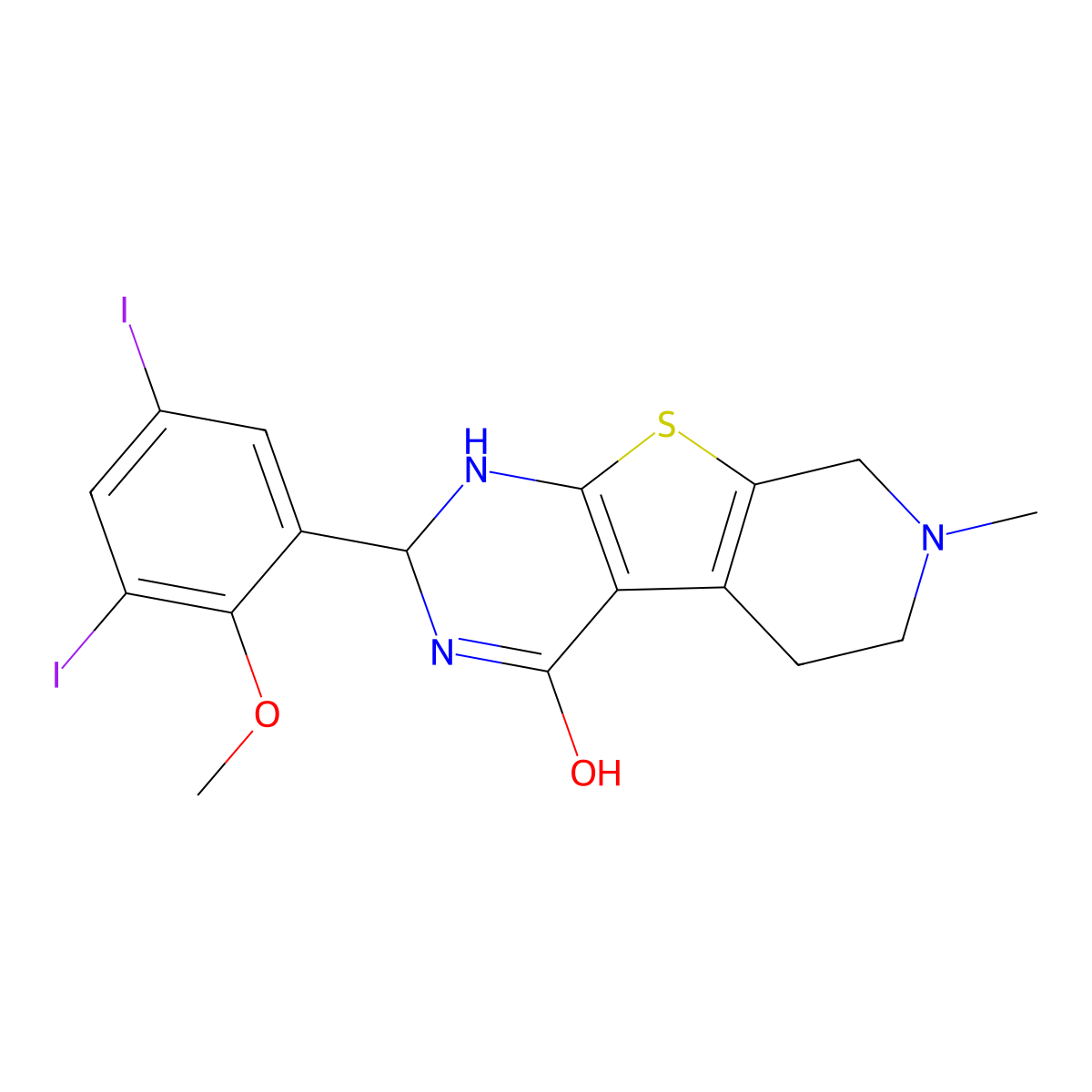 2-(3,5-diiodo-2-methoxyphenyl)-7-methyl-2,3,5,6,7,8-hexahydropyrido[4',3':4,5]thieno[2,3-d]pyrimidin-4(1H)-one molecular structure, CAS 353462-95-0